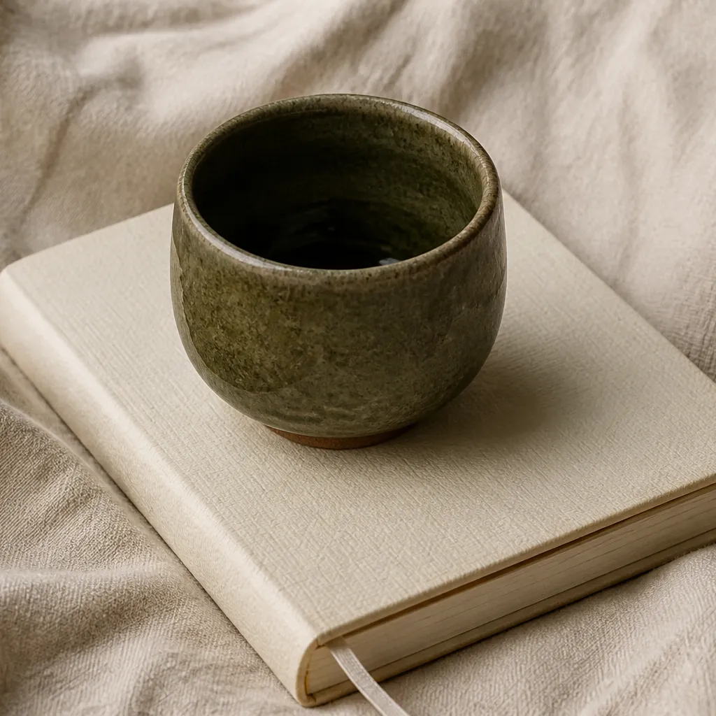 moss ceramic cup on a cream linen-bound book